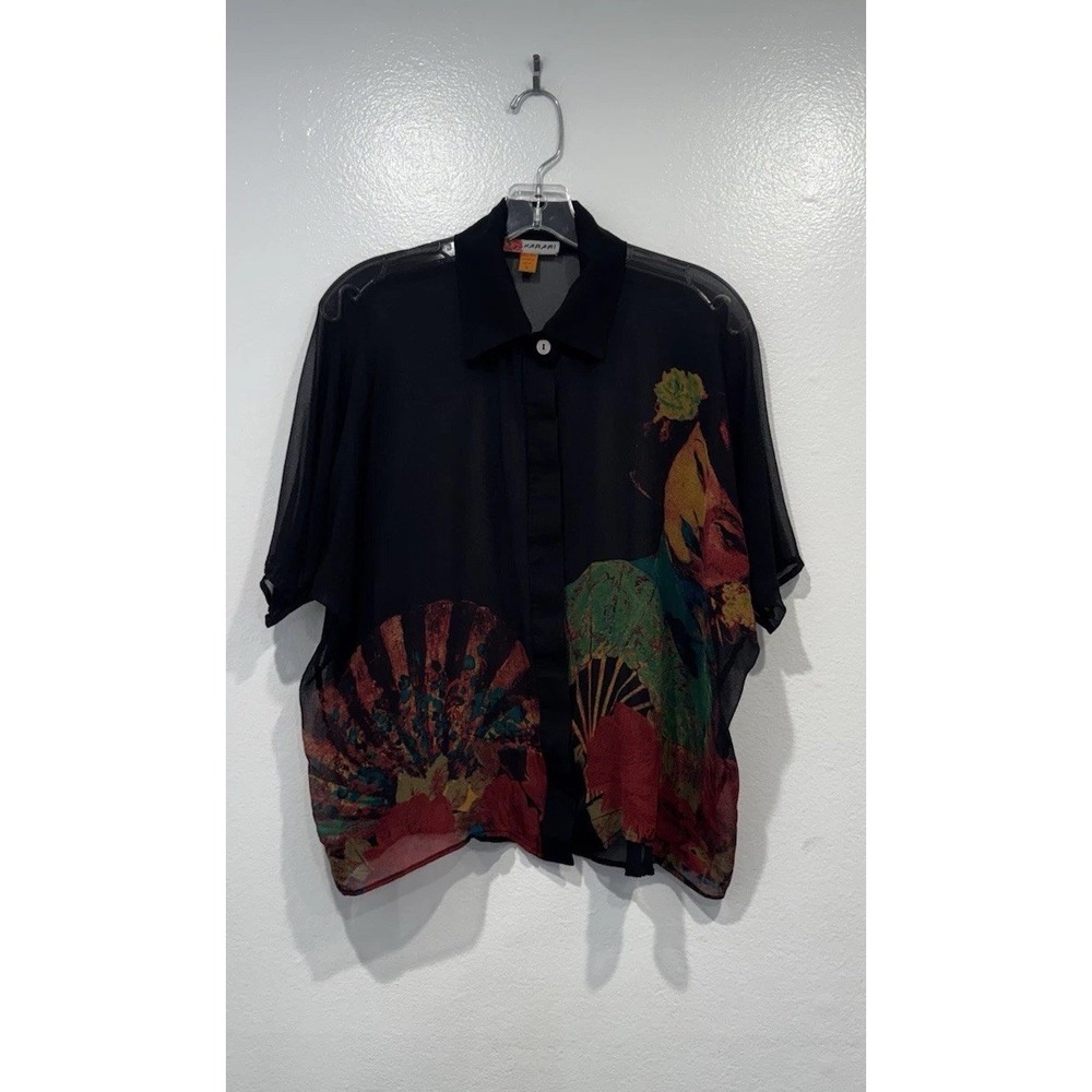 Harari Asian Inspired Fan Face Blouse Top Medium Festival Art To Wear Boho RARE